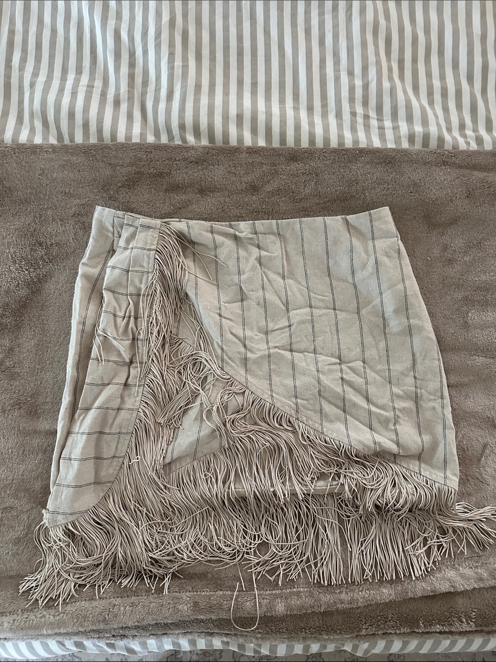 Beige Pinstripe Fringe Mini Skirt